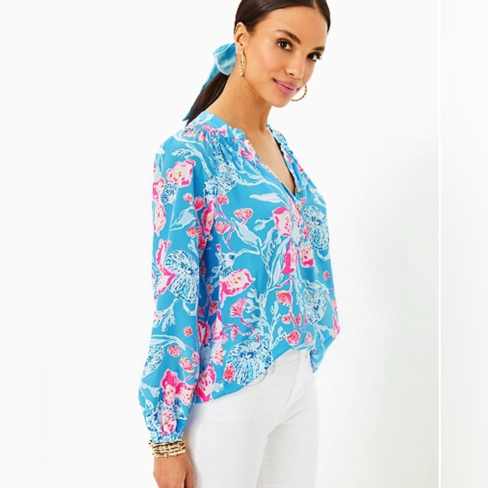 Lilly Pulitzer Elsa Silk Blouse in Multi Bahamian Rhapsody (Size L)
